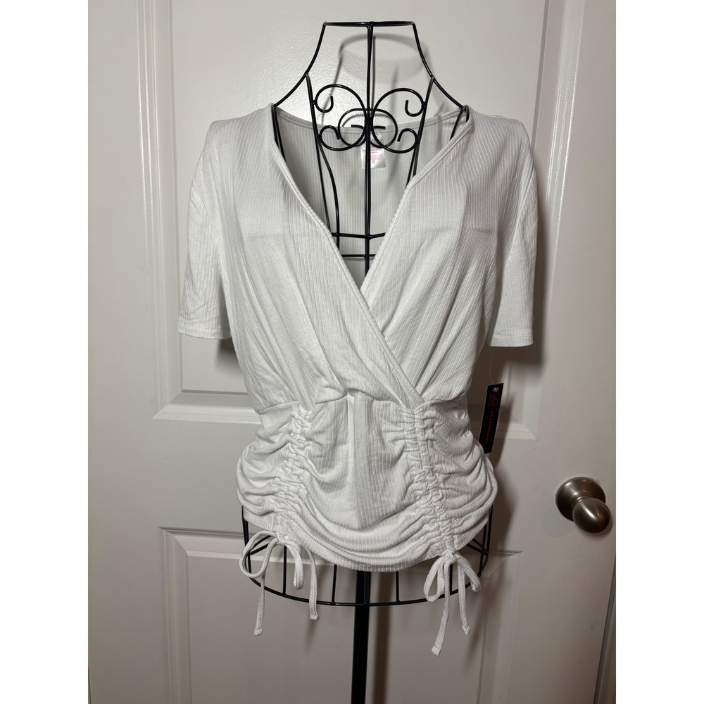 No Boundaries White Ribbed Ruched Drawstring Surplice V-Neck Top XL 15-17